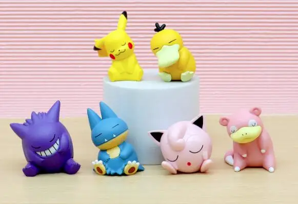 6pcs/set pokemon Pikachu Gengar Jigglypuff Slowpoke Gonbe Psyduck Sleep Version Model Figure PVC Toys