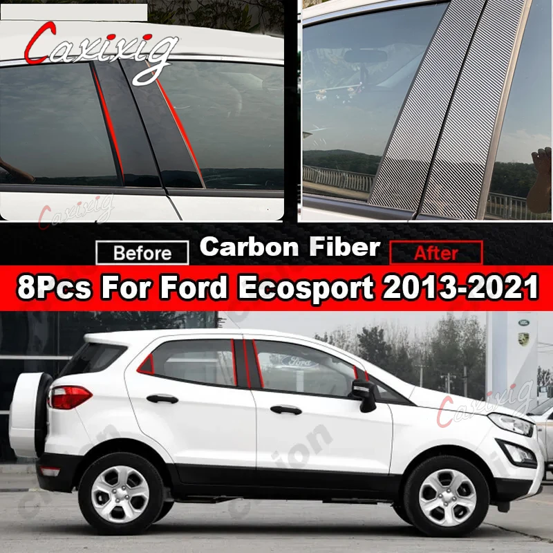 For Ford Ecosport 2013-2021 Mirror Effect Door Window Column B C Pillars Post Cover Trim Black Carbon Fiber PC Material Sticker