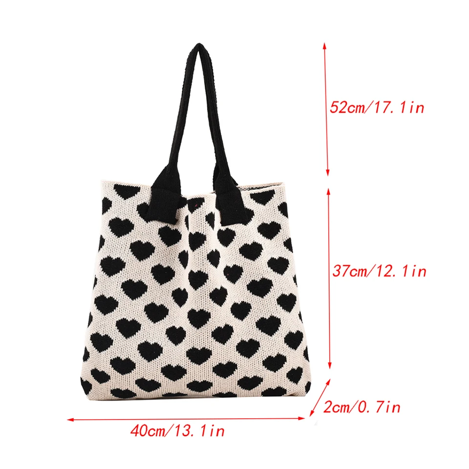 Heart Pattern Knitted Women's Bag Y2K Eco Bag Korean Shopper Crochet Rope Shoulder Bag Knitting Handbag Chic Student Side Bag