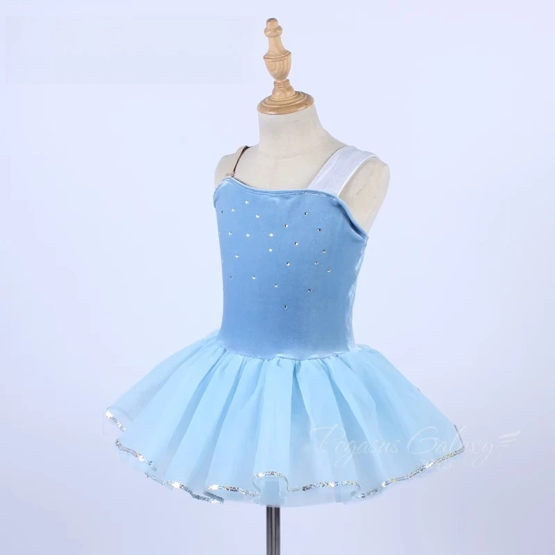 

Girl Ballet Tutu Dress Hem Trmmed Sequins Blue Velvet Dresses Children Suspenders Rhinestone Ballet Stage Performance Dancewear