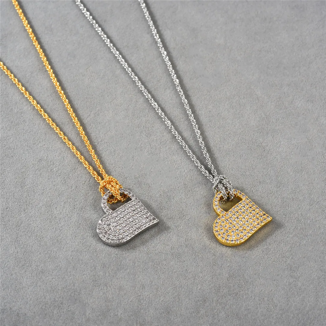 

2023 Fashion Two-tones Full Diamond CZ Gold Heart Pendant Charm 925 Silver Zircons Heart Rope Chain Necklace Jewelry Girl Gifts