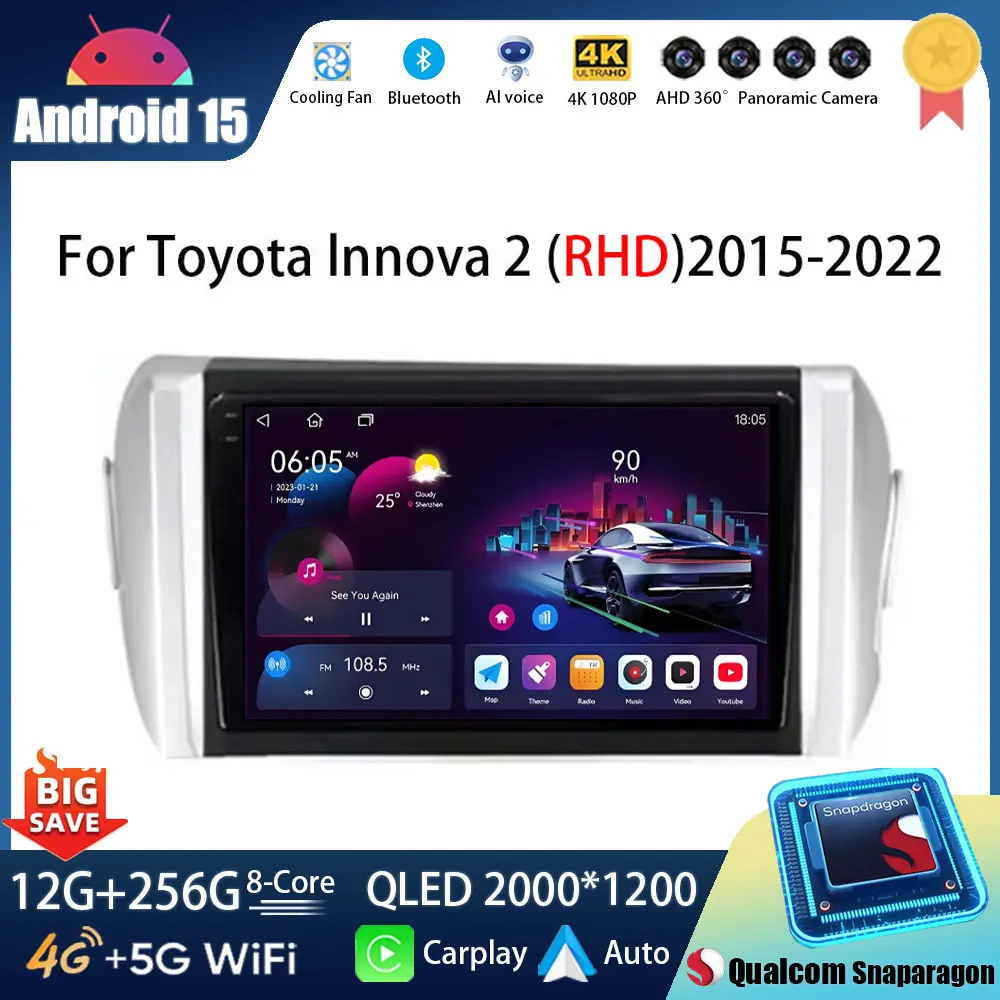 Qualcomm Android 15 For Toyota Innova 2 2015 2016 2017 2018 - 2022 right-hand drive Car Radio Video Navigation Player Carplay BT