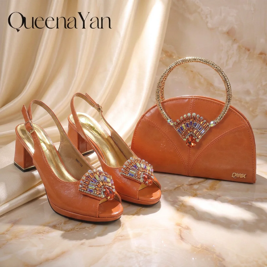 2026 New Orange Peep Toe Heel Shoes and Bag Set Crystal Rhinestone Decor Platform Slingback Heels Elegant Ladies Matching set