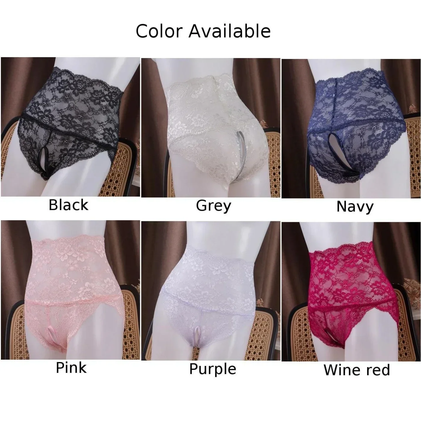 Womens Sexy Lace Crotchless Panties High Waist Perspective Underwear Sheer Briefs Stretching Romantic Open Crotch Knickers