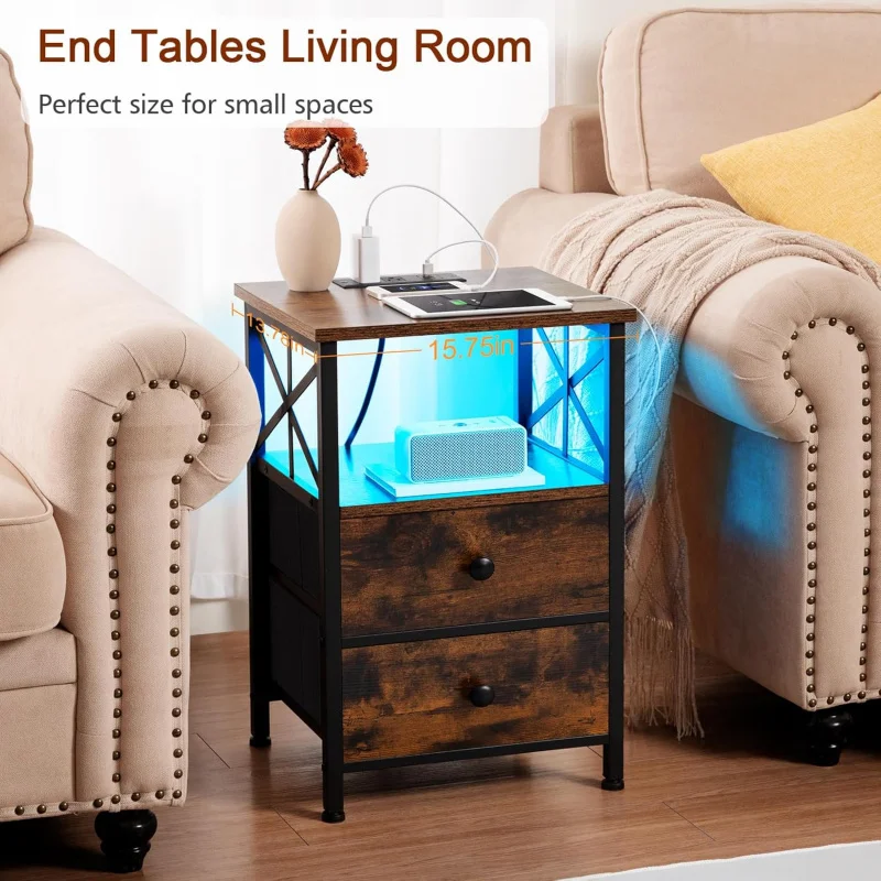 (UUX) Night Stand Set 2, LED Nightstand Charging Station, End Tables Living Room with Fabric Drawers, Bedside Table for UQ