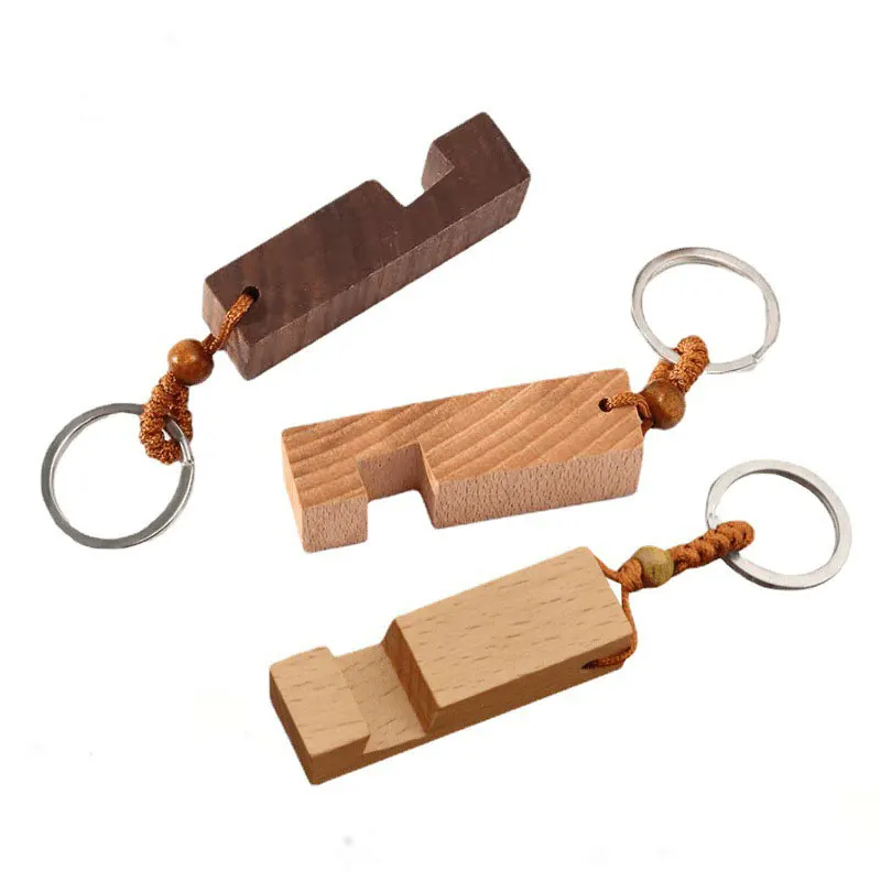 2Pcs Wooden Phone Holder with Keychain Mobile Phone Stand Keyring Bracket Mobile Phone Bracket Keyring