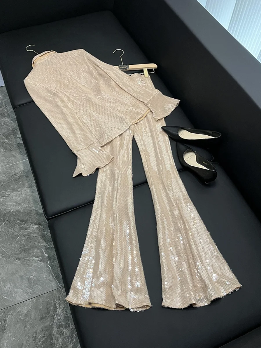 New 2025 Slim Fit Elastic Net irt Bell Bot Pants Transparent Sequin Beads Top Bot Set Women's Faion Autumn Wear