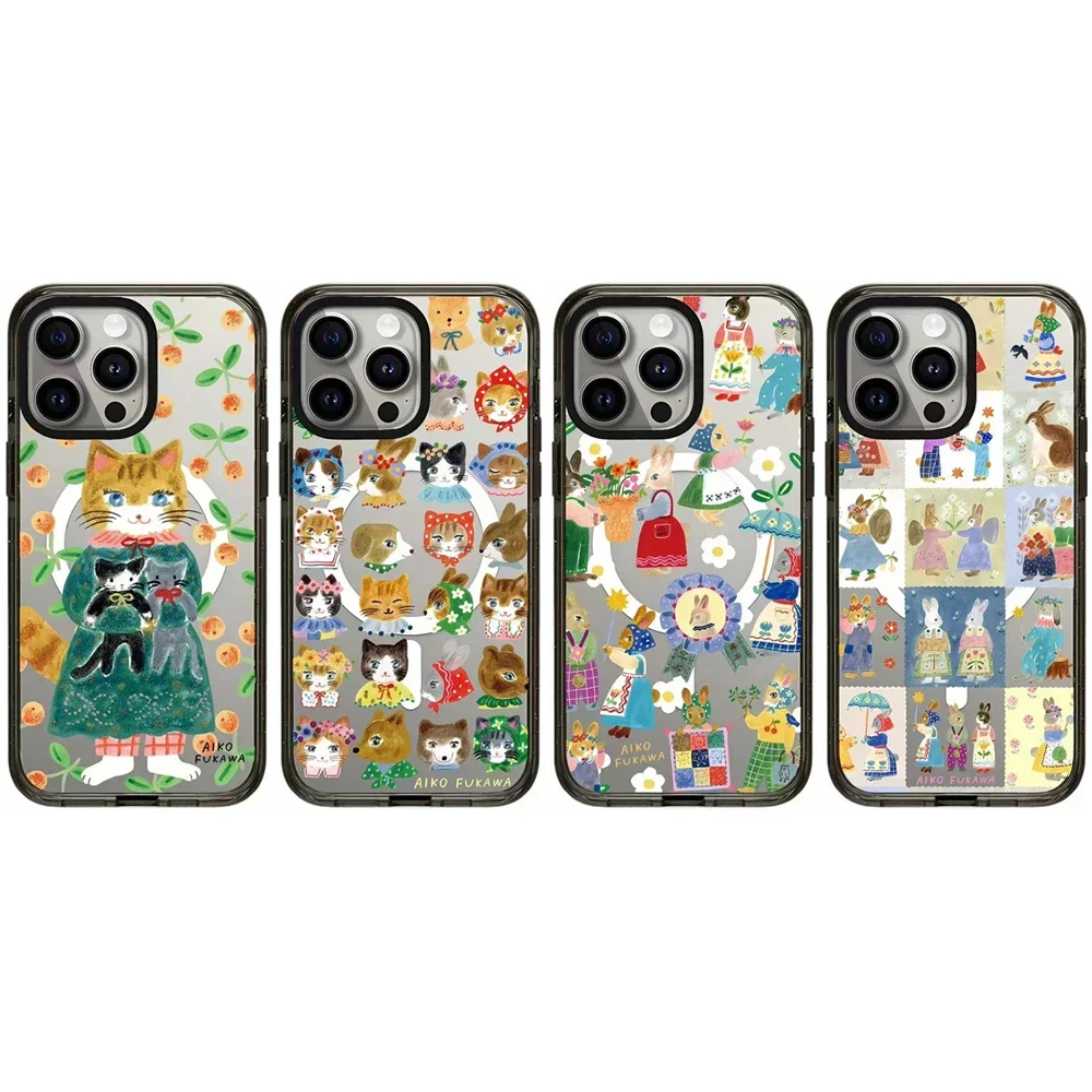 

Cartoon Animals Cat Acrylic Black Border Magnetic Phone Case Cover for IPhone 11 12 13 14 15 16 Pro Max Case