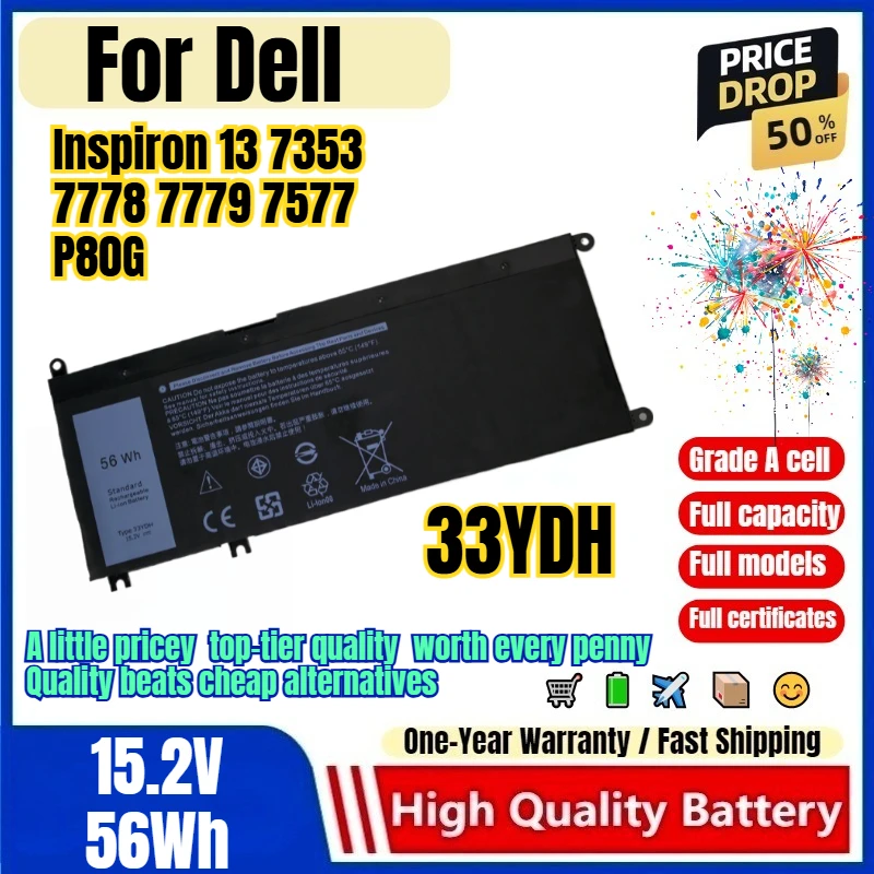 33YDH for Dell Inspiron 13 7353 7778 7779 7577 P80G Laptop Battery 0cycle High Capacity Battery Replacement Bateria Grade A Cell