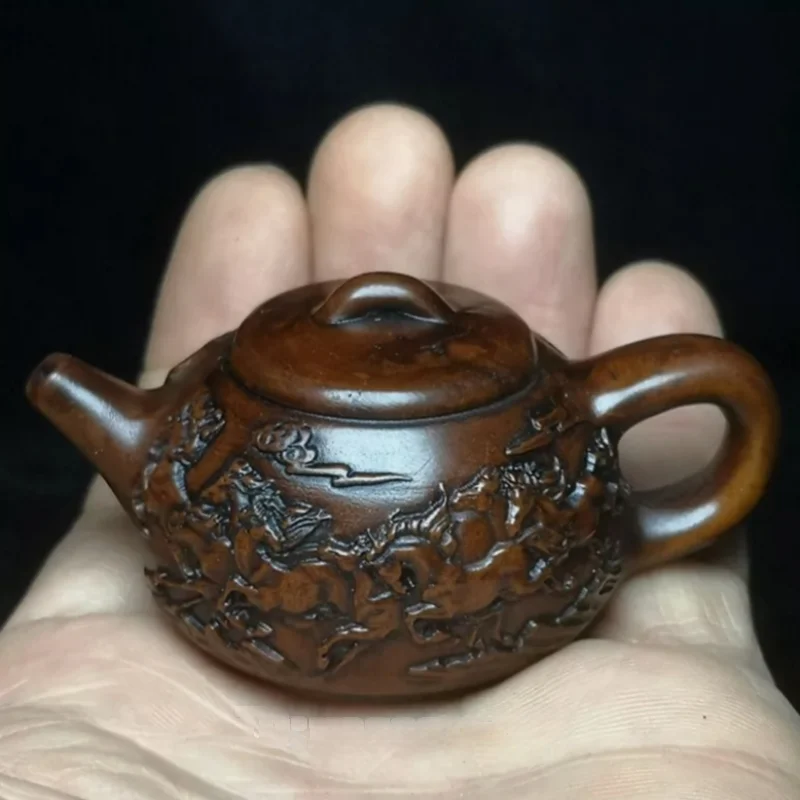 

3 Inch Chinese Boxwood Carved Horse Statue Pot Shape Netsuke Fengshui Decoration