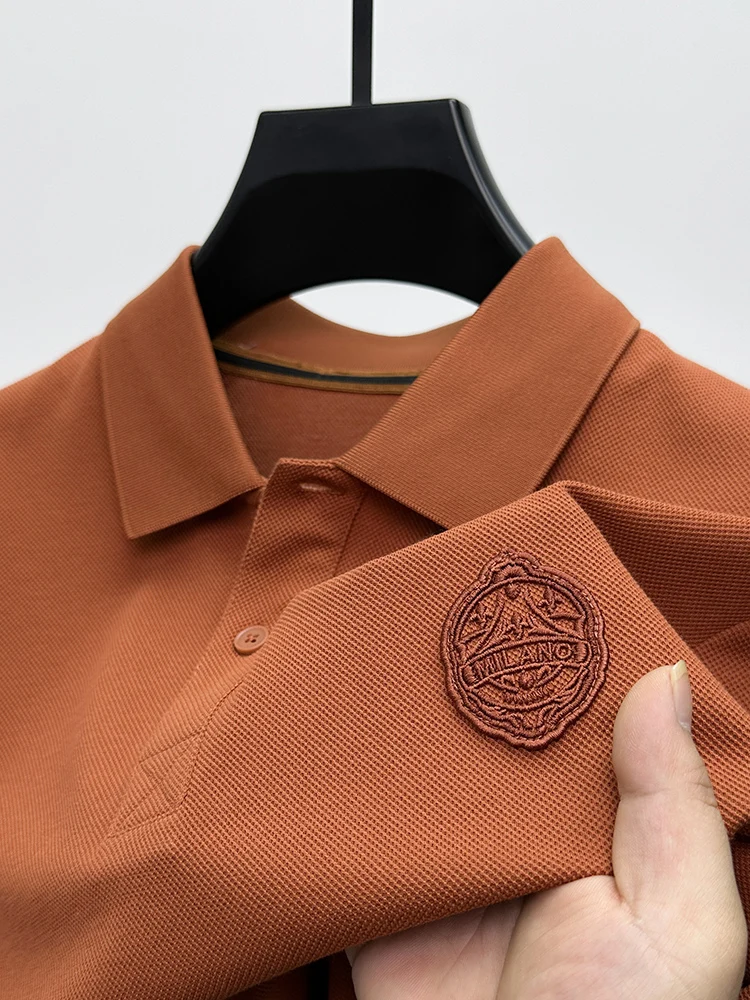 High quality luxury silk cotton Polo men\'s short sleeved lapel new classic casual designer embroidery trend Korean New top