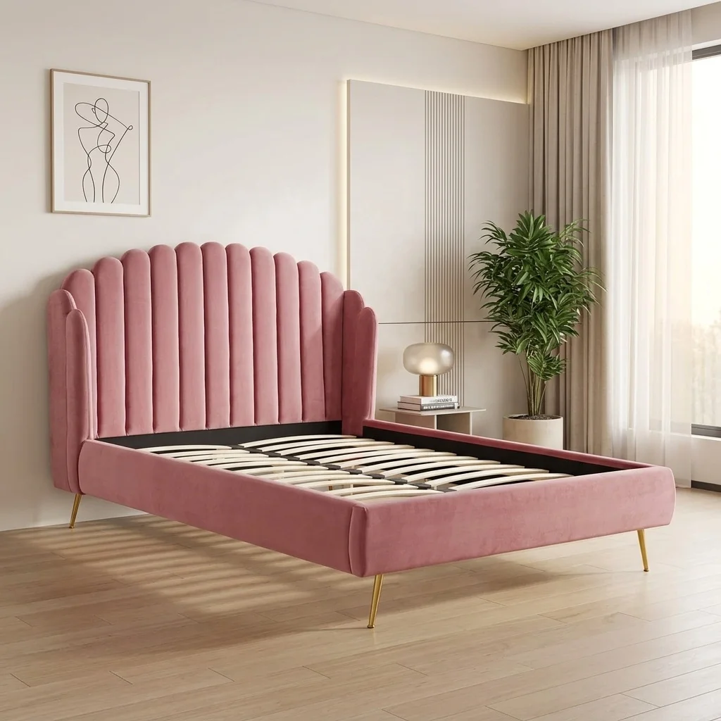 ^Modern Pink Wing Chrome Soft Tufted Storage Wood Frame Box Spring King Queen Double Upholstered Bed