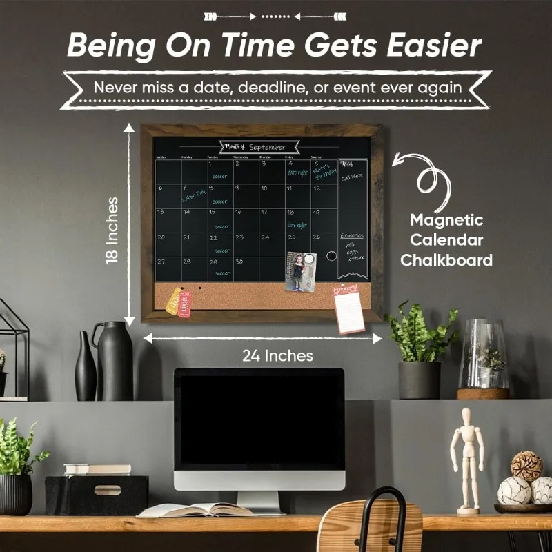 

Chalkboard Calendar & Bulletin Combo - 18" x 24" Rustic Frame, with Chalk Markers, Push-Pins, Magnets, Blackboard
