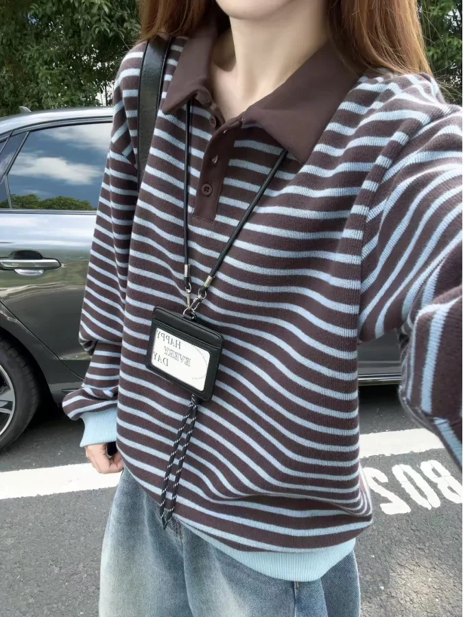 Retro Korean Style Striped Long Sleeve Women's Sweater Autumn Winter Loose Fit Single Wear Super Good Design Sense Knitted Top