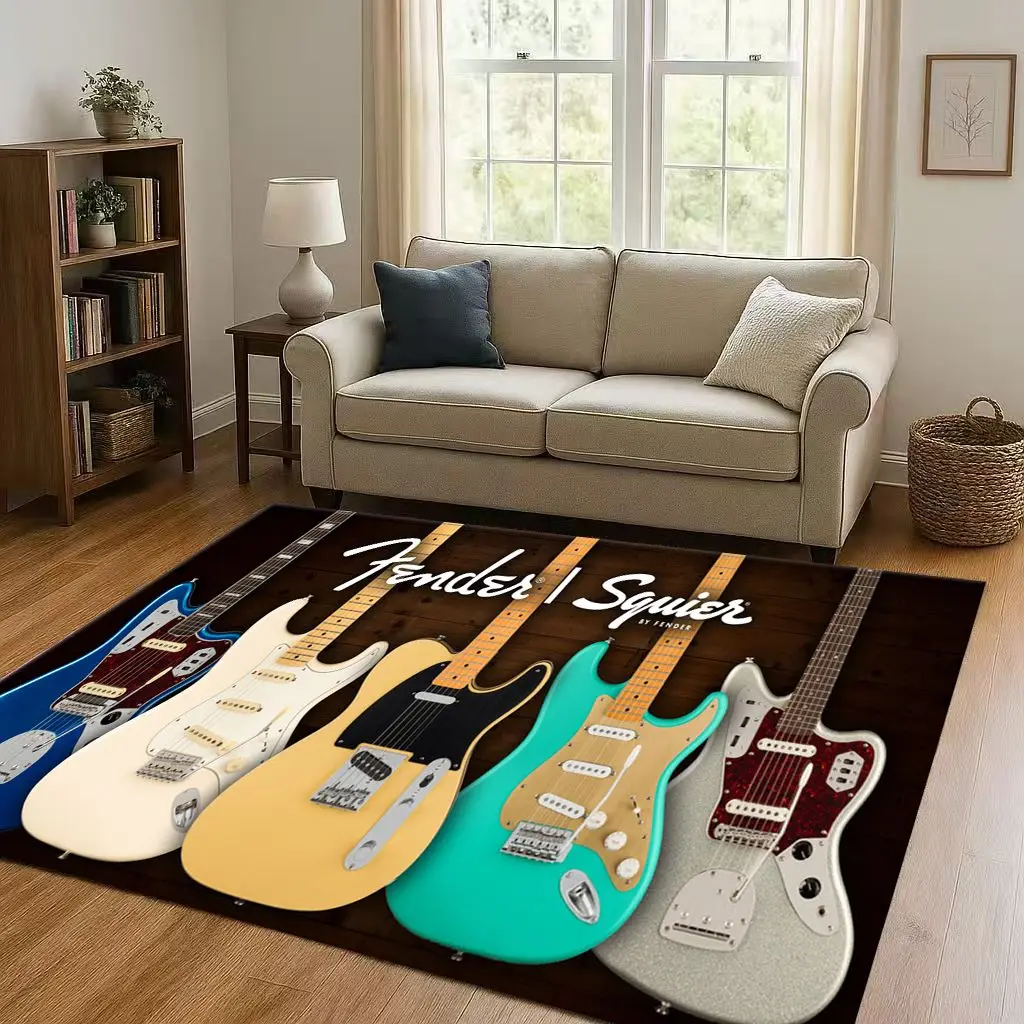3D F-Fender Guitar Musical Instrument Sign Living Room Non-Slip Area Rug Carpet for Bedroom Sofa,Easy Clean Home Decor Doormat