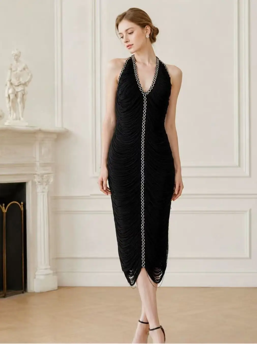 2026 Summer Women Sexy Halter V Neck Fringe Tassel Draped Bandage Midi Dress Backless Bodycon Evening Cocktail Party Gown