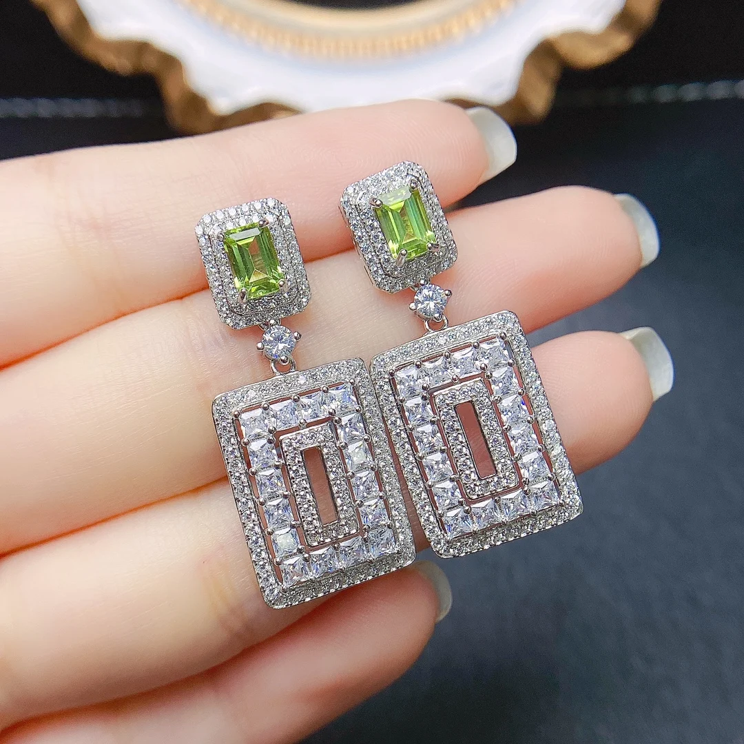 

FS S925 Sterling Silver Inlay 4*6 Natural Olivine Earrings With Certificate Fine Charm Fashion Wedding Jewelry for Women MeiBaPJ