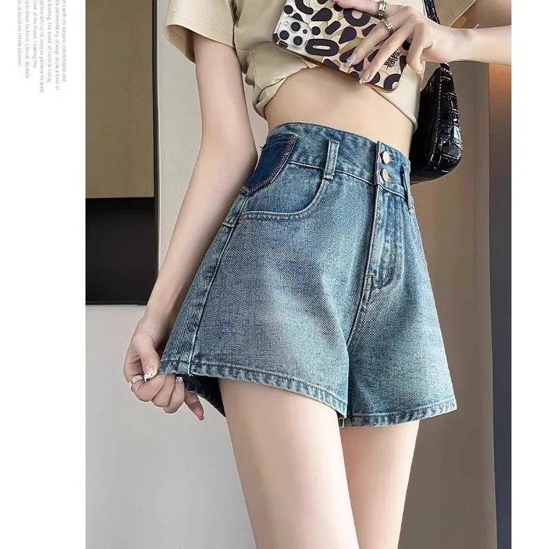 Hohe Taille A-Linie Weites Bein Ort Jeans Damen Plus Size Design Sense Zwei Knöpfe Farbe Colion Sommer Hotpants Baumwolle Str...