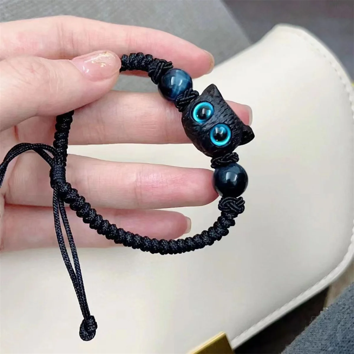 Cute Cat Adjustable Bracelet for Children Imitation Wood Crystal Braided Fashion Jewelry Trendy Cat Accessory for Friends