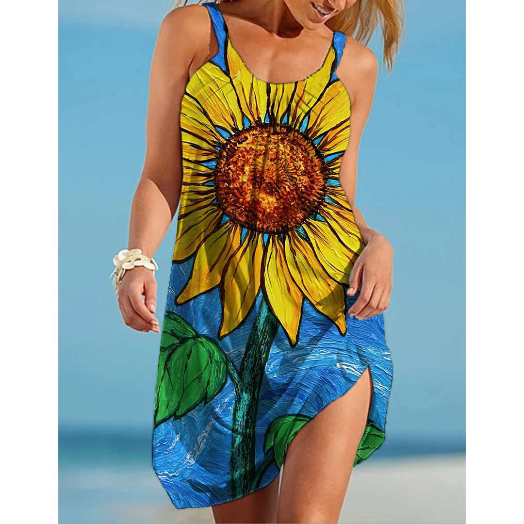 Sunflower Parrot Print Strap Mini Beach Dress Women Boho Summer Sexy Floral Dress Sleeveless Party Evening Dresses Hem Camisole view 6