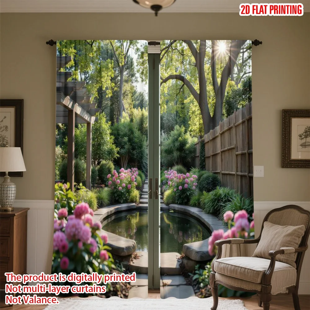 

2D flat printing 2pcs Party Curtain Tranquil Garden Pathway Digital Printed Polyester Drapes Family Party Use for Holiday