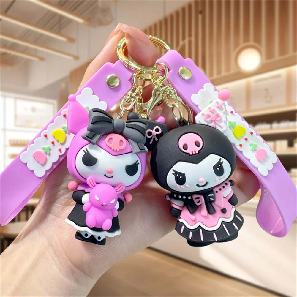 Sanrio Kuromi Hello Kitty Penguin Frog Dog Cat Cute Keychains with Fluffy Rabbit Fur Ball Women Girl Bag Pendant Keyring Gifts