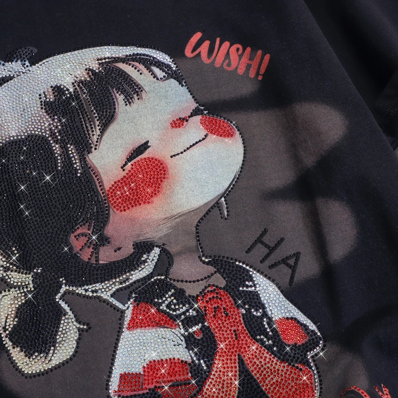 特大ヨーロッパヘビーダイヤモンドエンボス漫画ガールトップ、ミッドレングスのルーズトレンディなレディース半袖Tシャツ