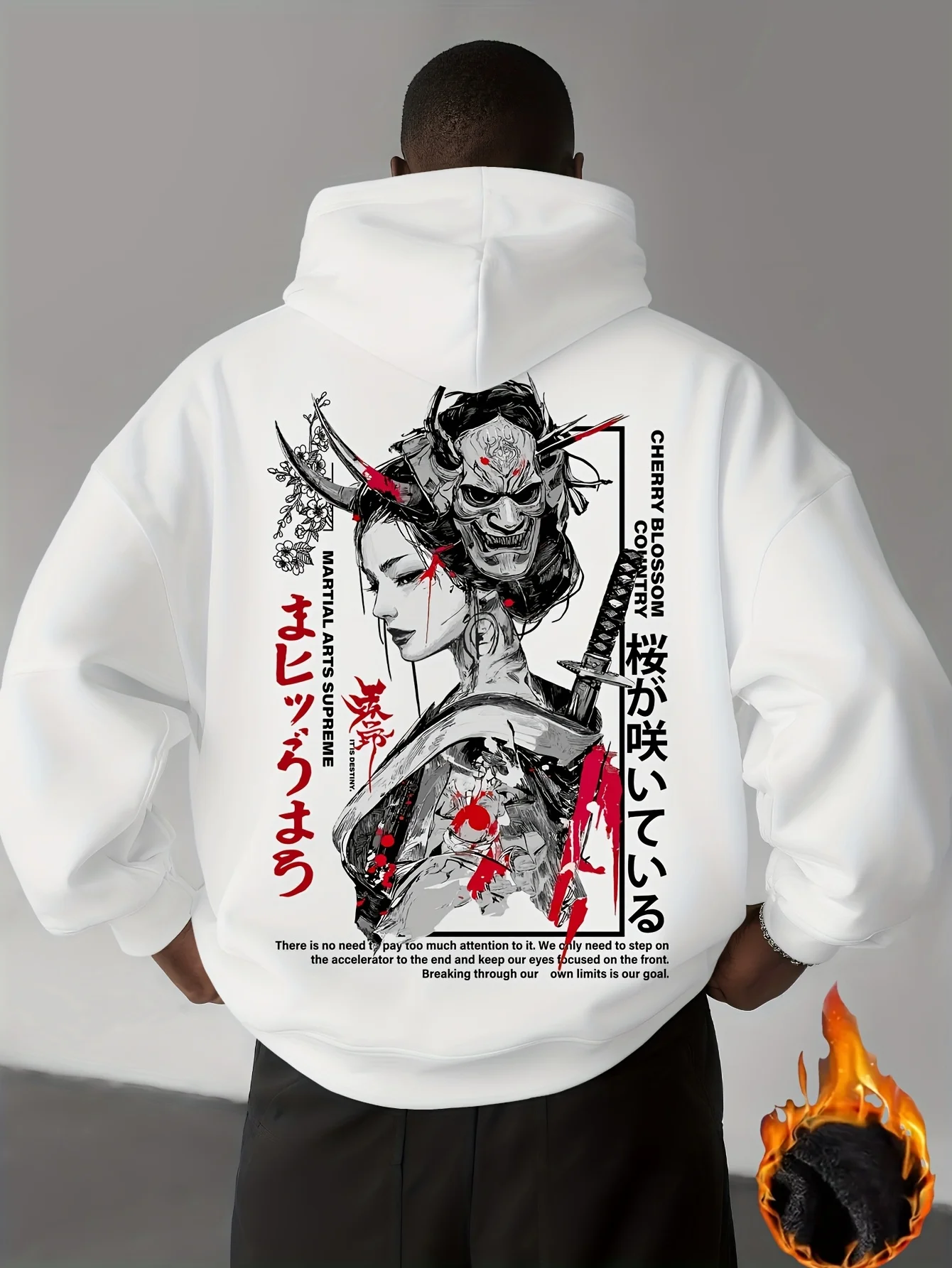 Herren-Hoodie mit japanischer Hannya Oni Samurai Geisha-Grafik, mit Fleece gefüttert, warmer Pullover, Sweatshirt, Herbst-Winter-Streetwear-Oberteil – Detail 4