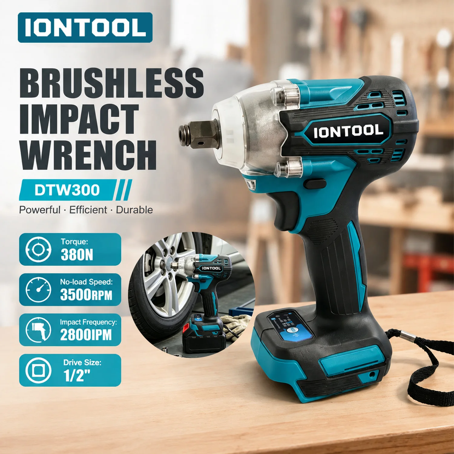 IONTOOL 3500RPM 380N.m 1/2 Inch Cordless Impact Wrench 2800IPM for Lug Nut Removal and DIY Auto Repair Home Use Tool Only