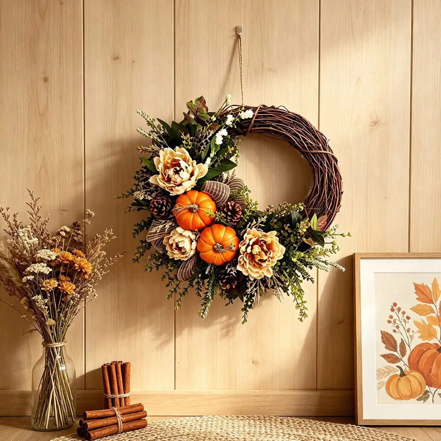 Fall, Thanksgiving Wreaths Decor, Pumpkin Leaves Floral Lovely Doll, Thanksgiving Holiday Decor, Suitable For Front Door, Indoor&Outdoor Decor, Windows, Walls, Family Party, Holiday Party Setup, Winter, Christmas Home Decor, Christmas view 5
