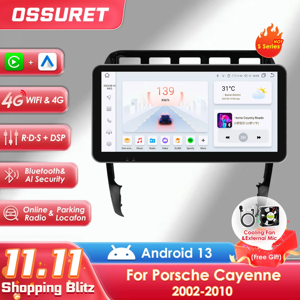 For Porsche Cayenne 1 2002-2010 Android 12 Car Multimedia Player 10.33