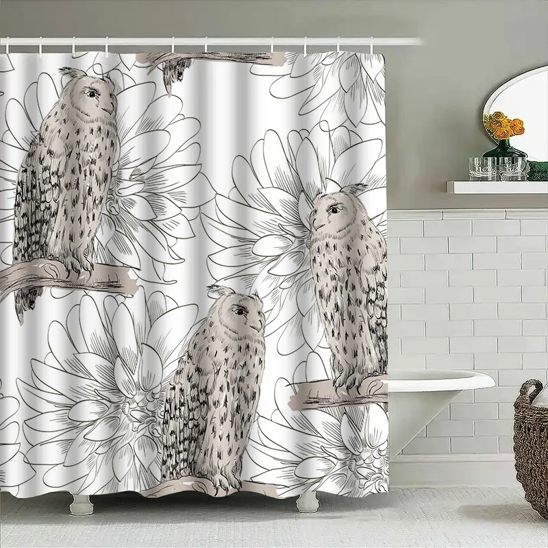 

Яркая занавеска для душа с цветочным принтом совы, нейтрально-серый декор для ванной комнаты, размер 72 x 84 дюйма (183 см x 213 см)