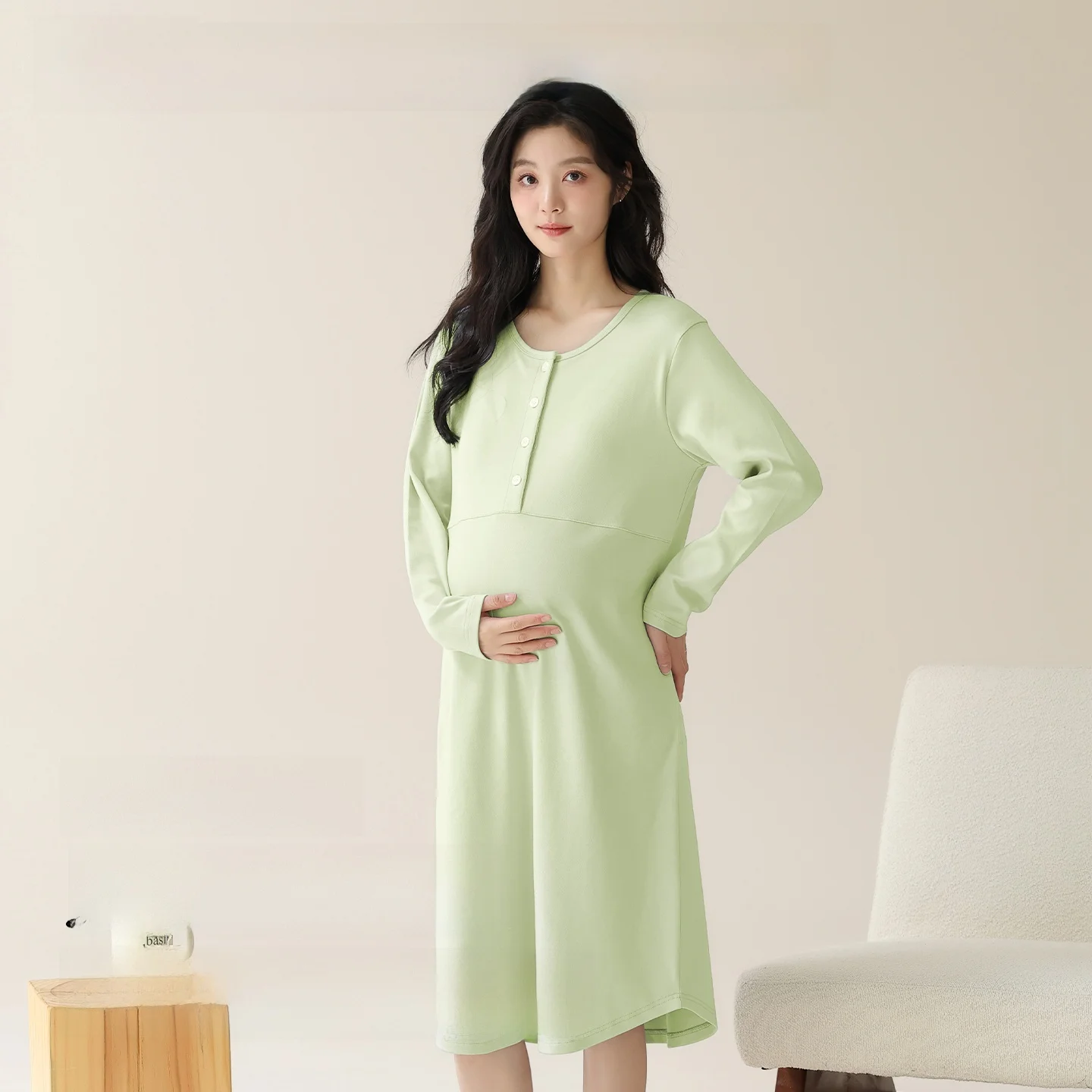 pure-cotton-maternity-nightgown-long-sleeve-breast-pad-sleepwear-comfortable-home-clothes-for-women-pregnant-nursing-checkup