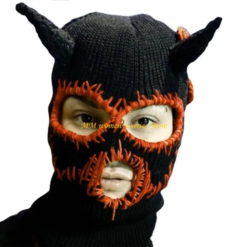 Q39C Winter Beanie Warm Knit Hat with Devil Horns Mouth Scars Halloween Ski Mask