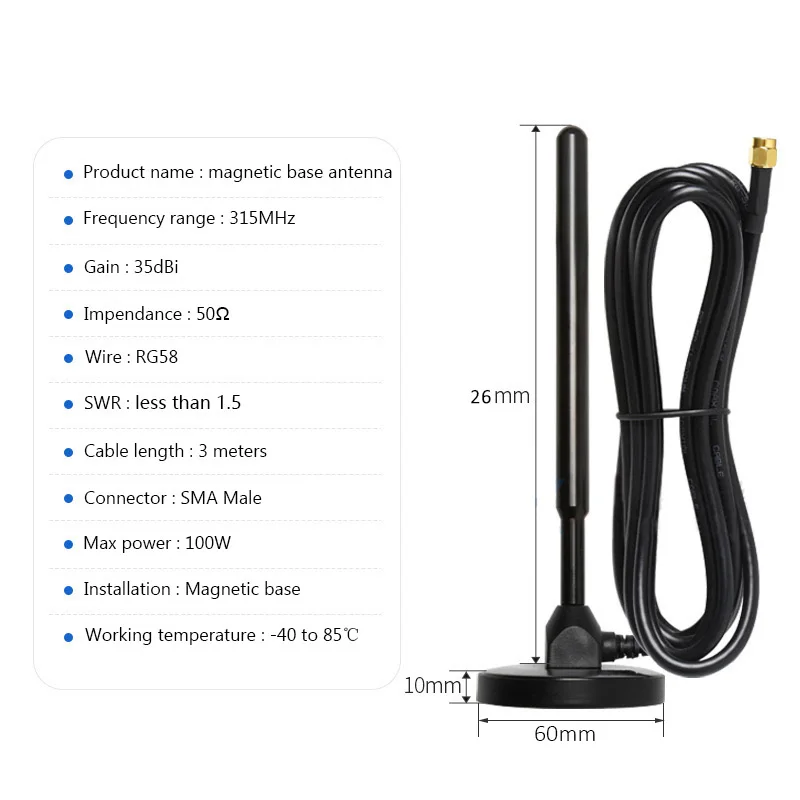 315MHz Antenna HIgh Gain 35dbi  SMA Male Magnetic Base Sucker antenna 3 Meters Extension Cable for Wireless Router Modem