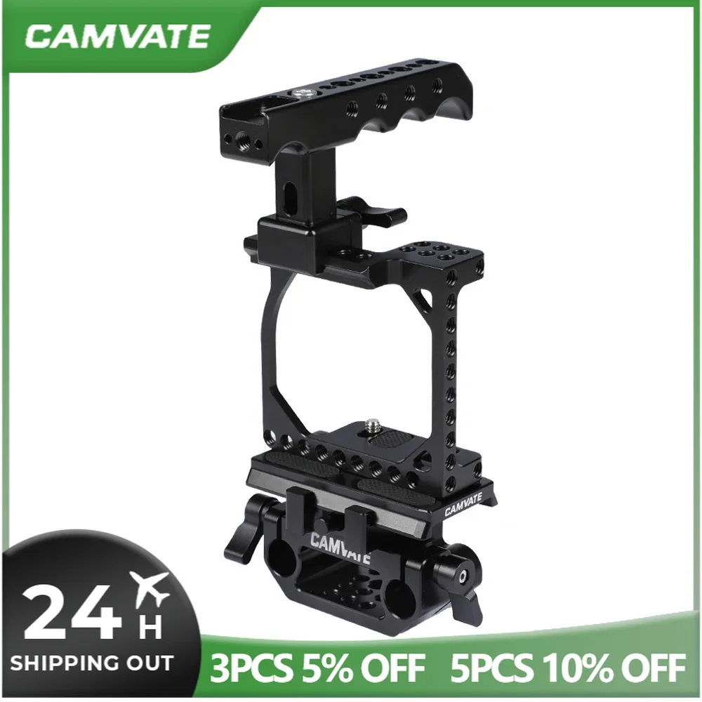 CAMVATE Camera Full Cage With Manfrotto QR Plate & NATO Cheese Handle & 15mm Railblock For Sony A6000 A6300 A6400 A6500 A6600 4K