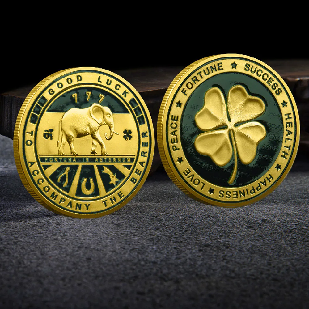 Luck Lab Two Sided Lucky Coin Featuring One Side with a Four Leaf Clover and One Side with Elephant and Lucky Symbols