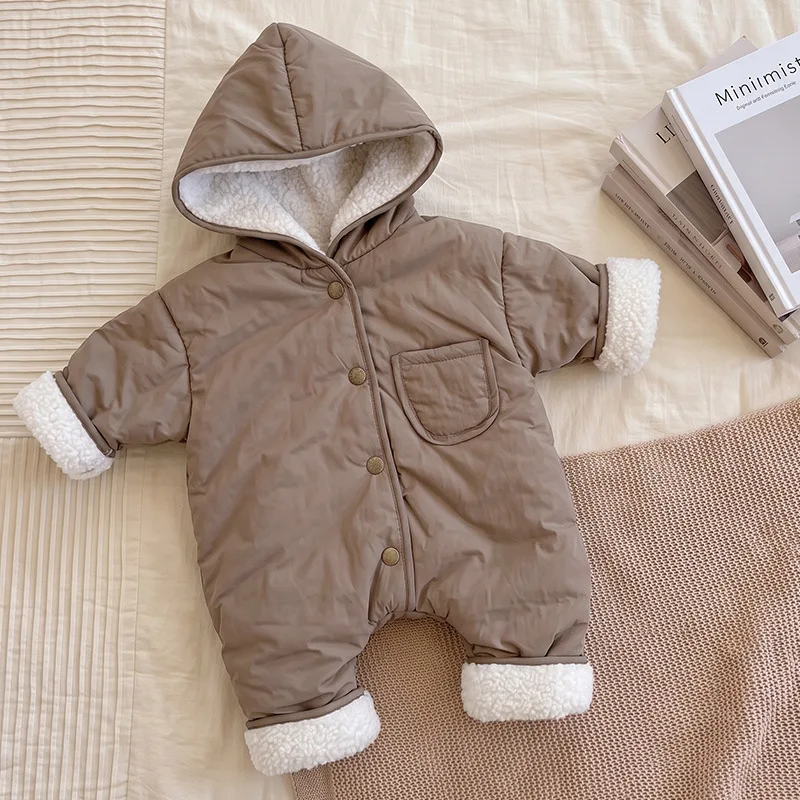 Infant Winter Korean Jumpsuit Quilted Thick Sherpa Hooded Outerwear Warm Crawler Padded Coat Jacket Trendy