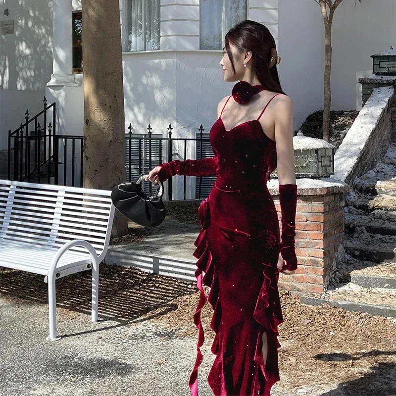 

Элегантные платья 2024, весеннее новое однотонное бархатное платье с лямкой на шее и рукавами, женские комплекты yi; 4