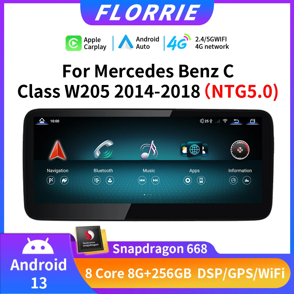 

Android 13 Wireless CarPlay For Mercedes Benz C Class W205 NTG 5.0 2014-2018 Car Multimedia QLED Screen Navigation GPS DSP 4G