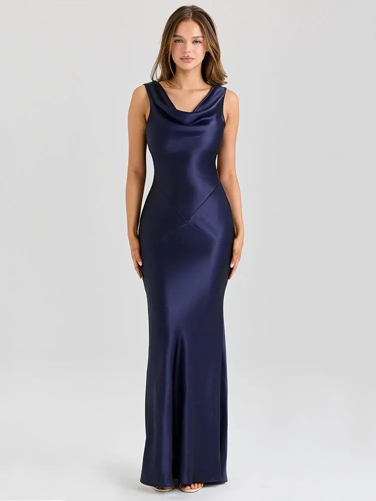 

GACVGA Elegant Satin Maxi Dress for Women Summer Sleeveless Backless Robe Gown Club Party Evening Sexy Bodycon Long Dress