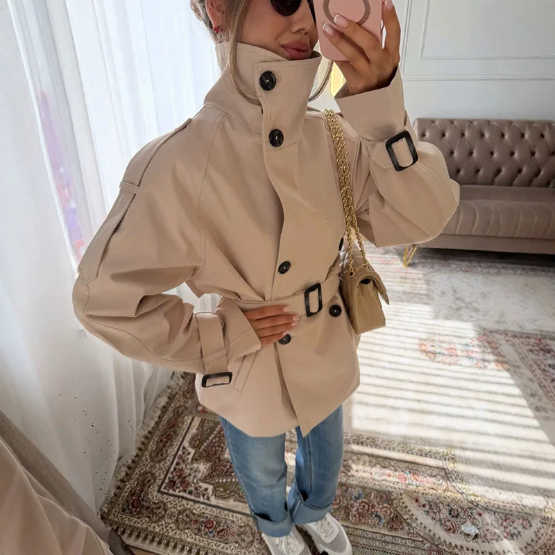 Elegant Belt Women's Short Trench Coat Stand Collar Long Sleeve Double Breasted Windbreaker 2026 Autumn Lady Commute Jacket 8
