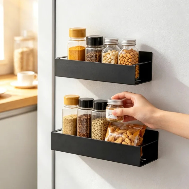 1-4 Pcs Metal Magnetic Spice Rack for Refrigerator Strong Magnet Organizer Shelves Black Spice Storage for Oven Washer and Dryer