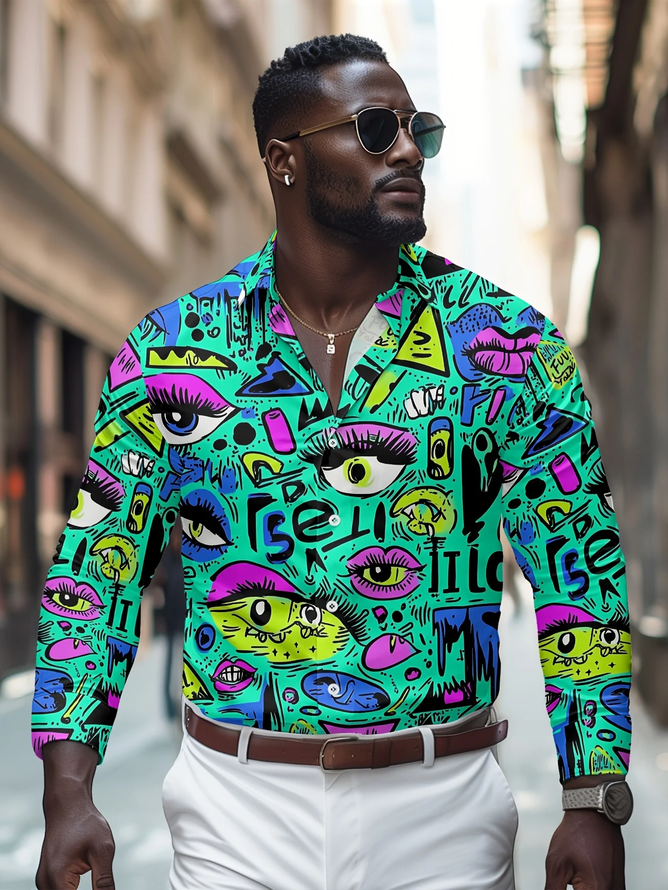 

Men's Graffiti Art Print Long Sleeve Button-Up Shirt – Bold Eye & Abstract Design, Vibrant Colors, Polyester, Casual for Spring
