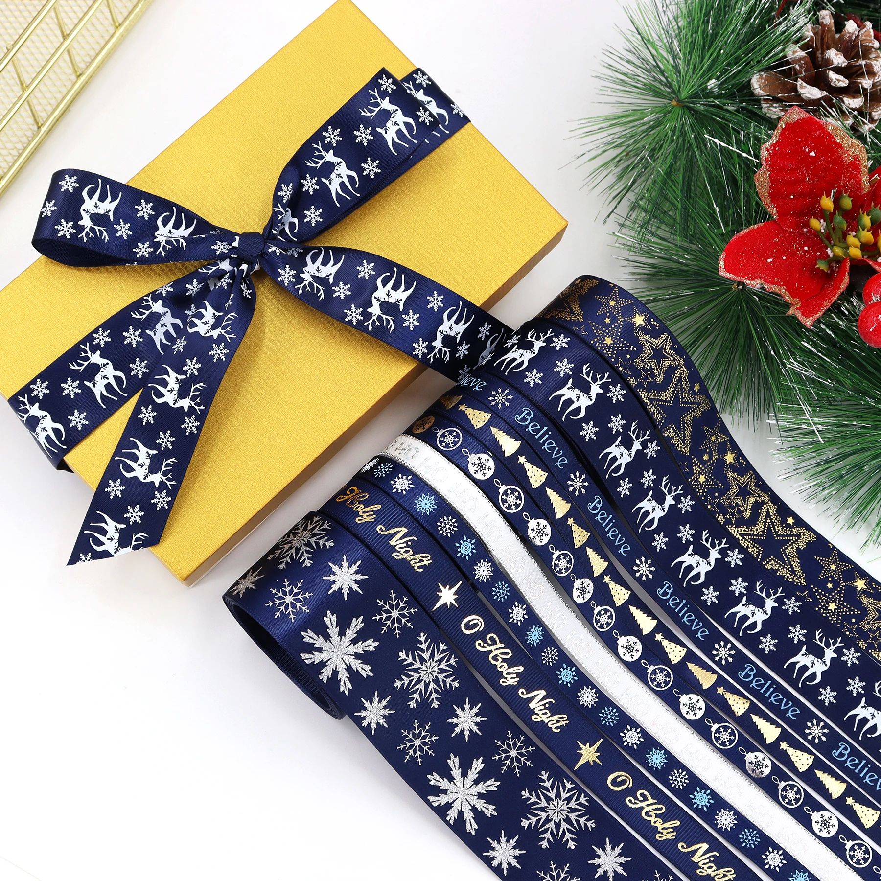 Navy Blue Christmas Ribbon,Holiday Printed Grosgrain Satin Ribbon, Christmas Ribbon Bows for Wreaths,Gift Wrapping,Sewing