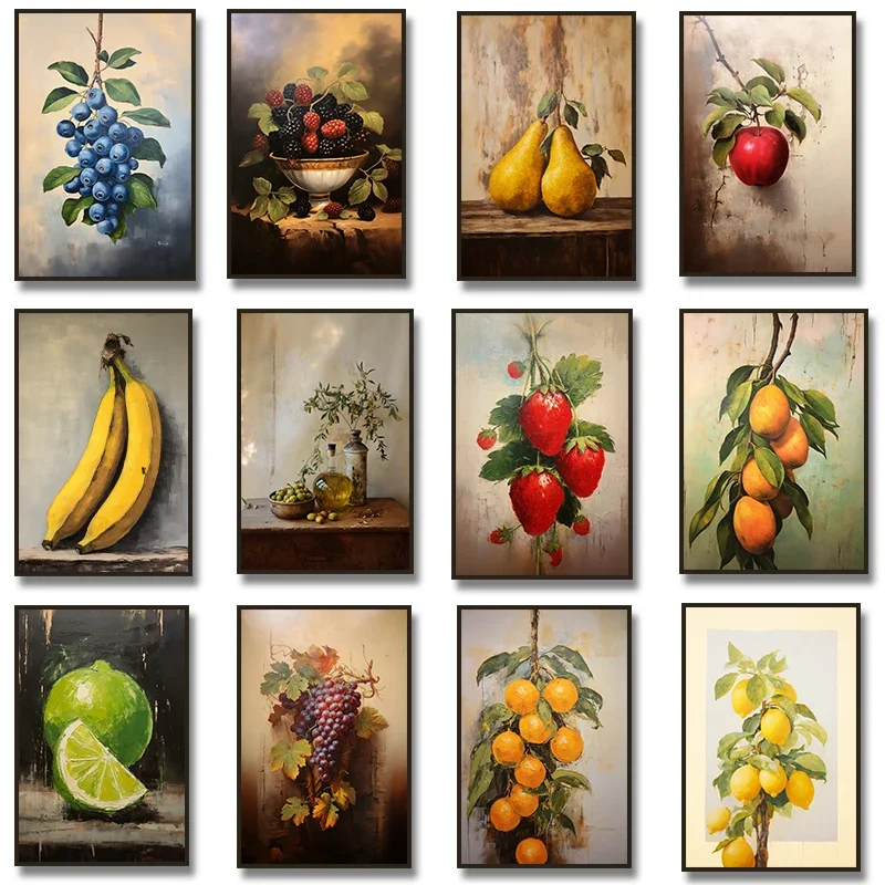 Póster de pintura en lienzo de fruta Retro, aceituna, fresa, melocotón, coco, limón, plátano, decoración del hogar para sala de estar y cocina