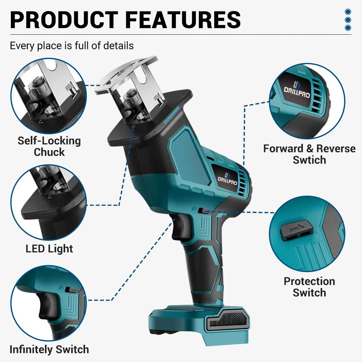 Imagem -02 - Serra Alternativa Drillpro Brushless Serra Elétrica para Corte de Madeira e Metal Ferramenta Elétrica para Bateria Makita 18v 3600w 12000spm
