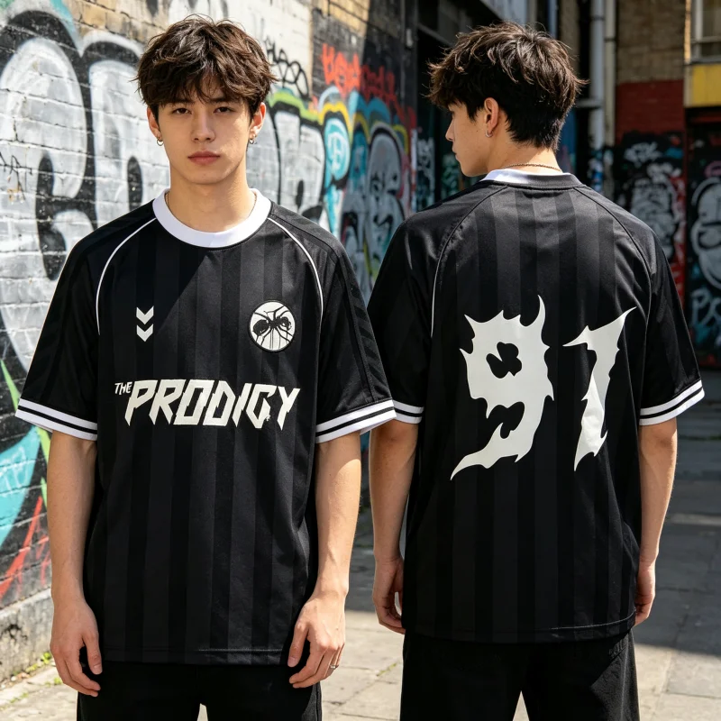 Das meistverkaufte Fußballshirt der Marke The Prodigy, ein atmungsaktives, schnelltrocknendes Trikot für den Sommer, ein lässiges Familien-T-Shirt mit Rundhalsausschnitt, ein Fan-T-Shirt. – Detail 4