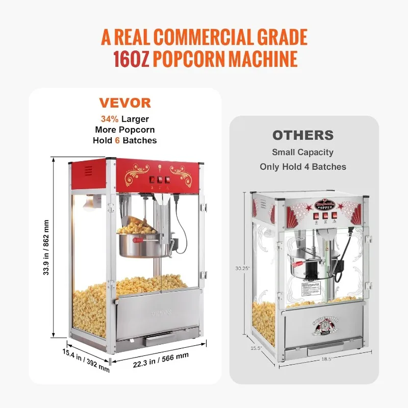 VEVOR Máquina para hacer palomitas de maíz, máquina para hacer palomitas de maíz de 1615 W, tetera de 16 Oz, máquina para hacer palomitas de maíz de gran capacidad con vidrio templado