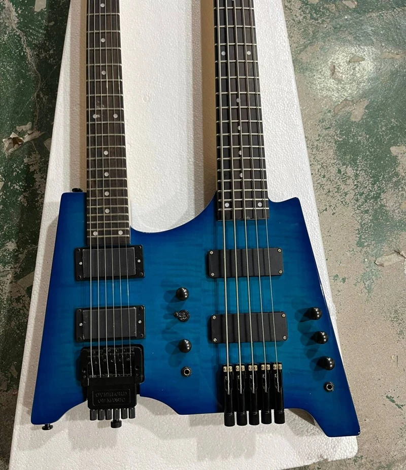 Headless Double Neck 6+5 Strings Blue Electric Guitar and Bass with Rosewood Fingerboard,Flame Maple Top